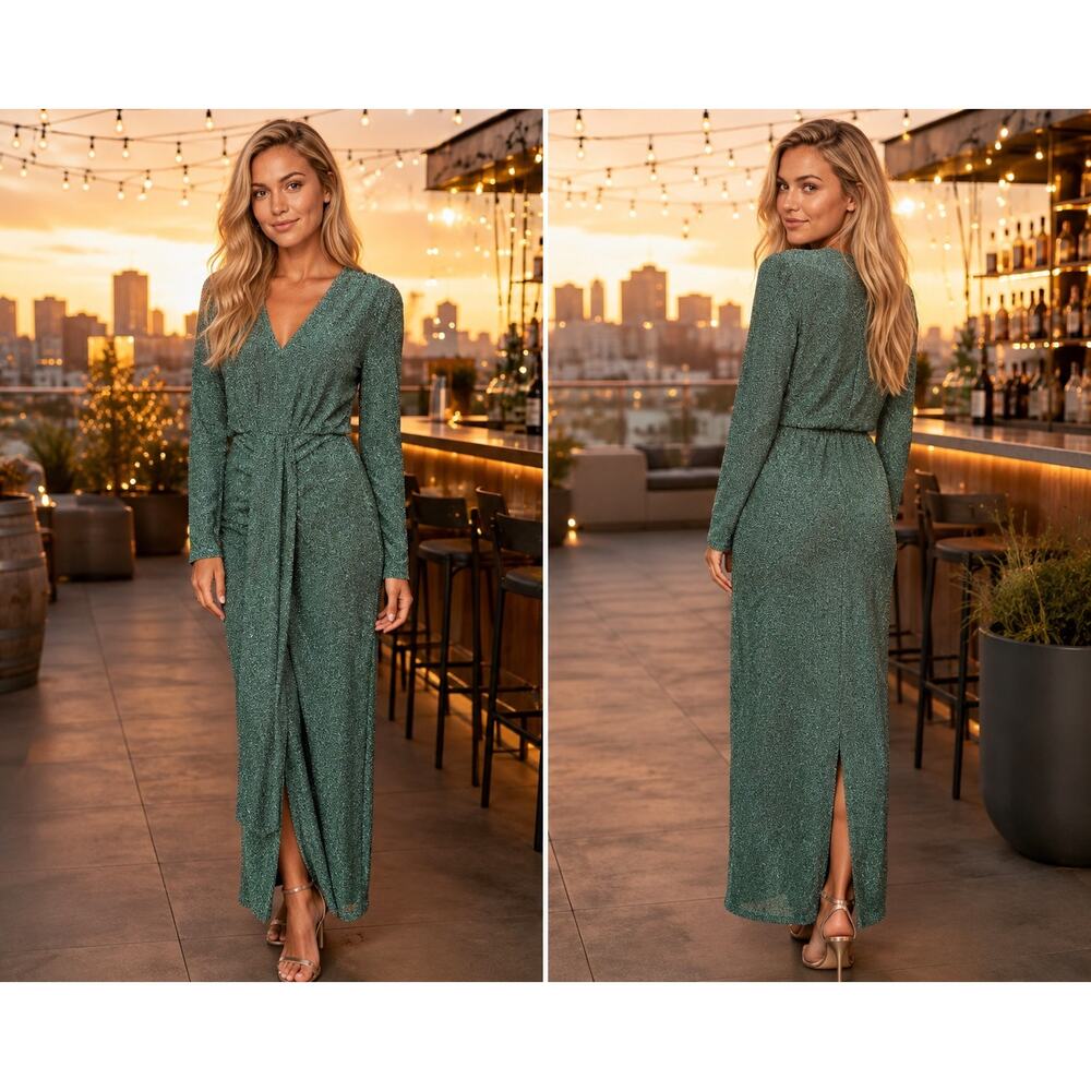Petal & Pup Drama Queen Hunter Green Metallic Long Sleeve Slit Midi Dress M NWOT - Picture 2 of 9